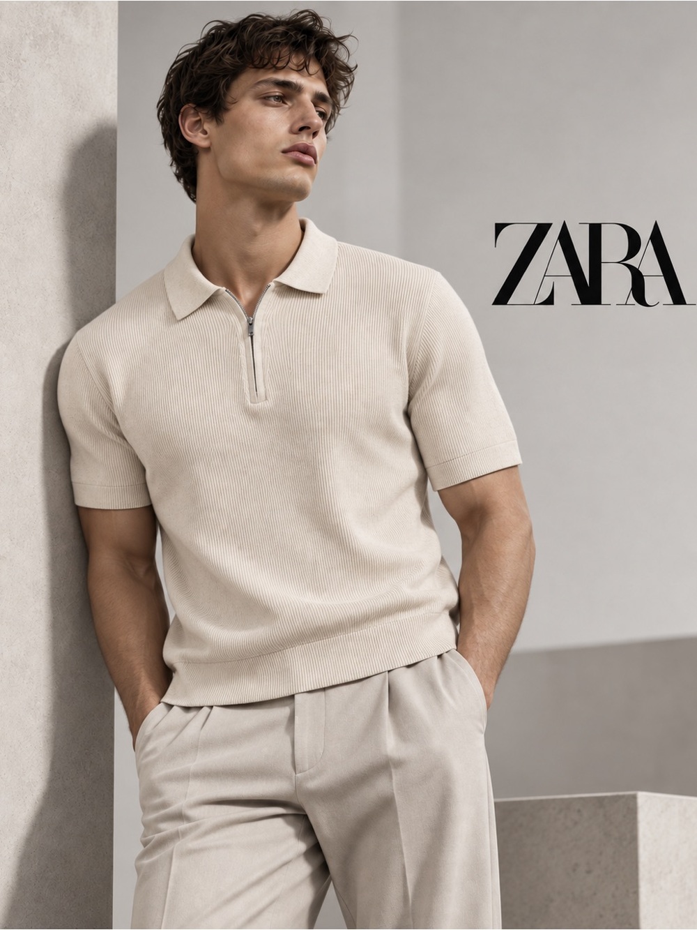 Zara Men's QUARTER ZIP KNIT POLO SIze Large